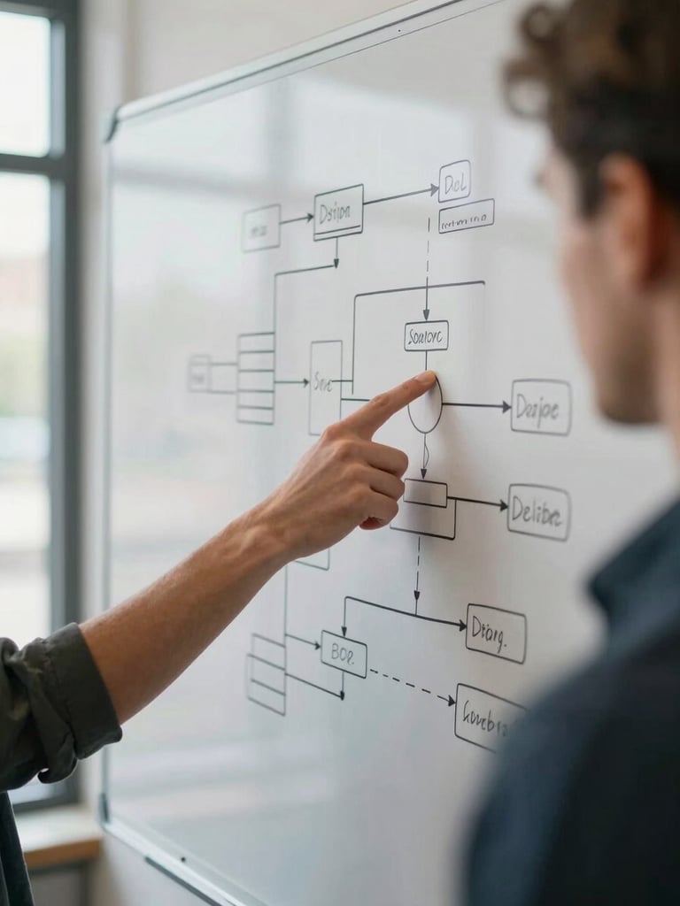 Close-up of two people at a whiteboard covered in systems diagrams and data flow charts, one hand pointing to a node in the diagram, natural daylight from a large window to the left, shallow depth of field, documentary framing