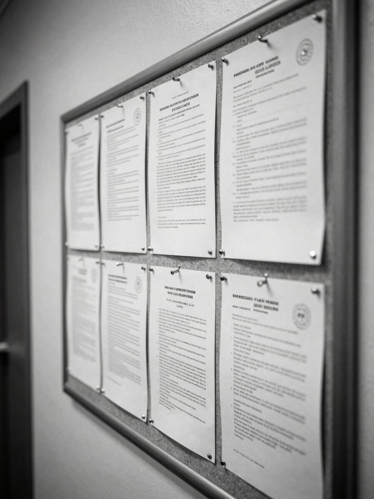 Close detail of a union notice board inside a Senate corridor, sheets of official documents and circulars pinned to a corkboard under fluorescent institutional lighting, candid and unposed, black and white