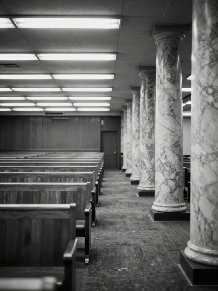 Close documentary shot of Senate chamber side corridor, overhead fluorescent institutional lighting, empty wooden benches and marble columns visible, black and white, wide environmental frame