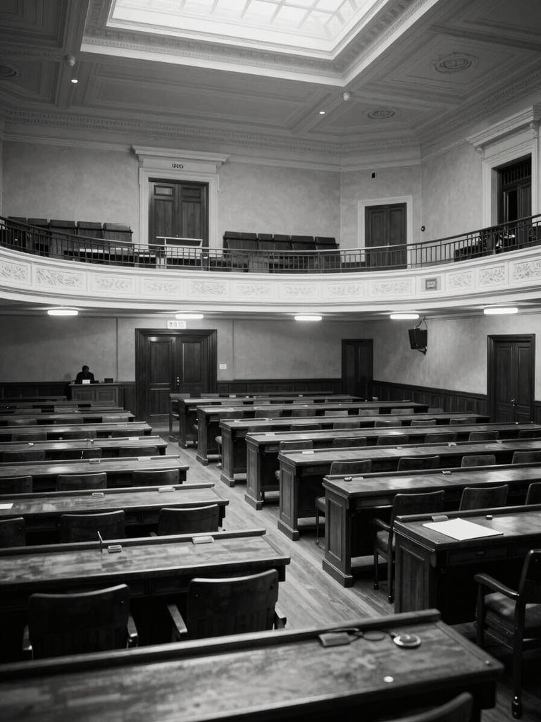 Wide view of the Argentine Senate chamber from the upper gallery, rows of empty wooden desks under institutional overhead lighting, grand coffered ceiling visible, no people, matter-of-fact documentary framing, black and white