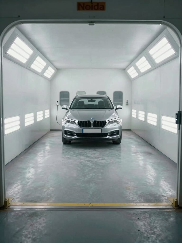 Wide environmental shot of a clean, organized Noida workshop bay with a car positioned inside a modern, brightly lit pressurized paint booth.