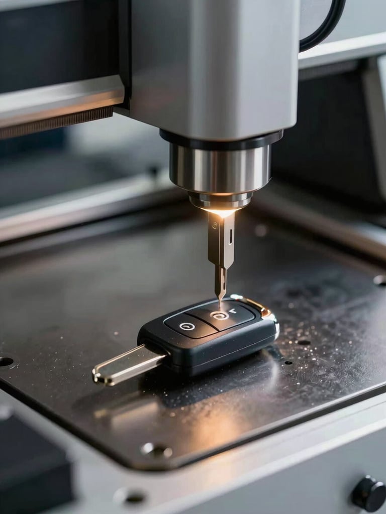Macro shot of a high-precision laser key cutting machine carving a modern car key inside a well-lit mobile workstation