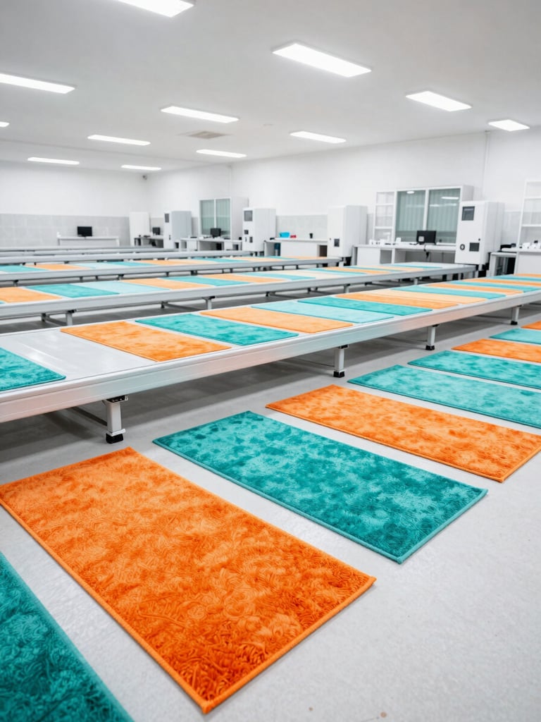 Wide shot of a clean, modern textile factory floor in Gaziantep, Turkey, with bath mats on production lines, bright industrial lighting, 35mm