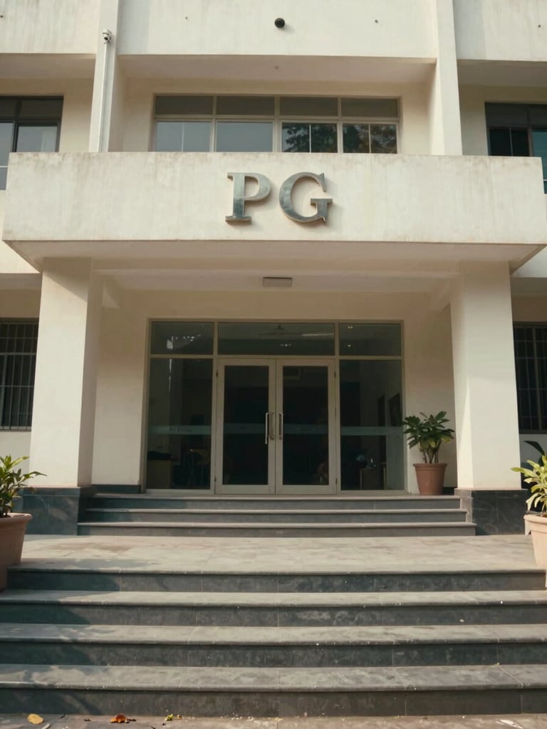 Doorway-perspective wide shot of a PG building exterior in Delhi, daytime, soft midday light, plain facade visible, entrance steps in foreground, no people, natural light only