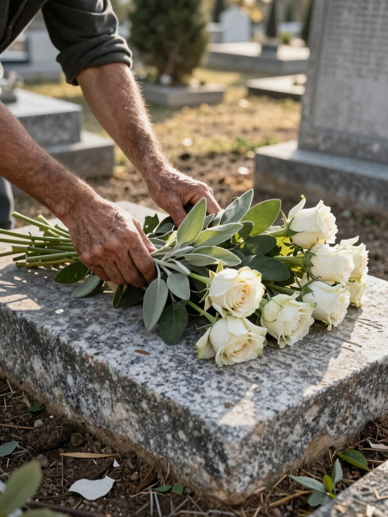 Environmental wide shot of a florist's weathered hands arranging fresh sage-green stems and pale roses on a stone grave in a sun-dappled Mediterranean cemetery, overcast golden morning light, soil and carved marble visible, intimate and purposeful