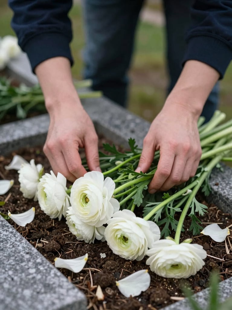 Close-up of a florist's hands placing stems of white ranunculus onto a stone grave, soil and petals visible at ground level, overcast daylight, no face shown, documentary evidence feel