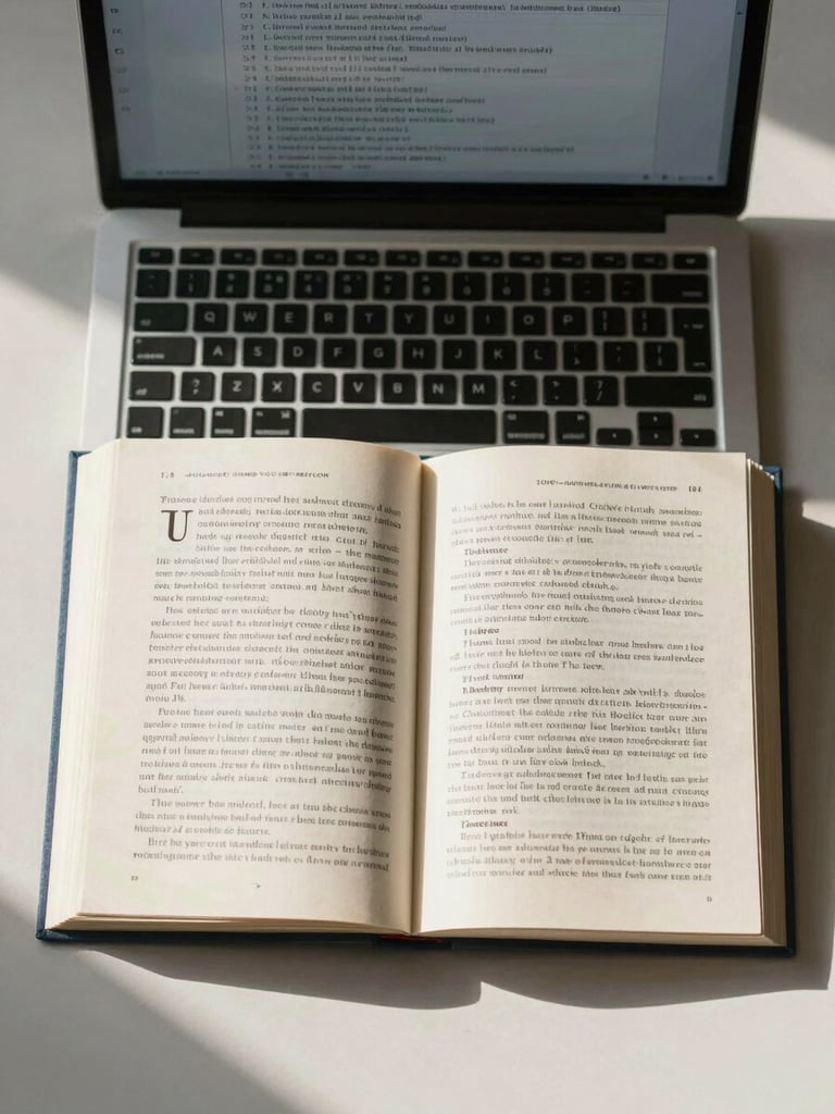 Top-down flat-lay of an open academic textbook with neat highlighting, a clean laptop showing a structured document outline, and natural morning daylight casting soft shadows.