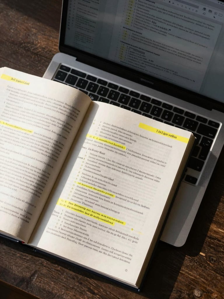 Top-down flat-lay of an open textbook with neat yellow highlighting, an active laptop screen displaying a structured academic outline, bright morning sunlight.