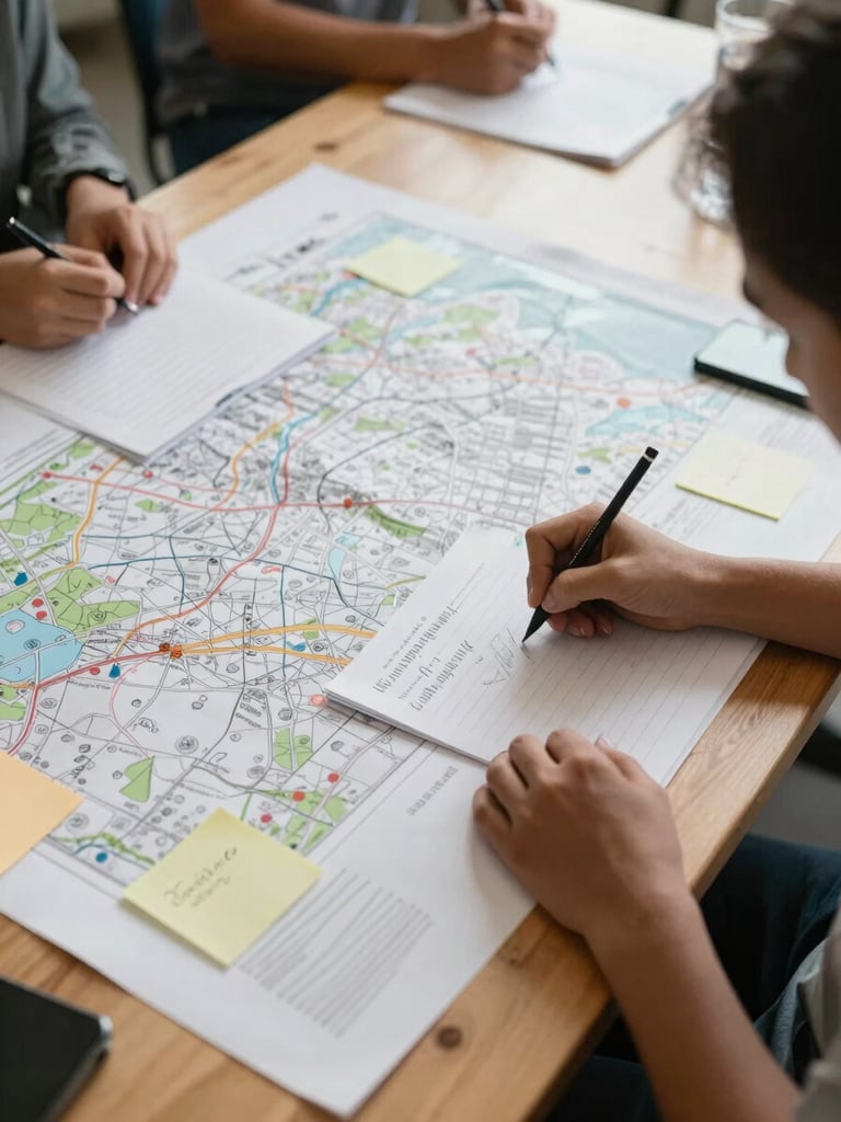 Wide environmental shot of a working table from above, overcast indoor light, hands writing field notes on a large printed map, pencil marks and sticky notes visible, community meeting room, documentary framing