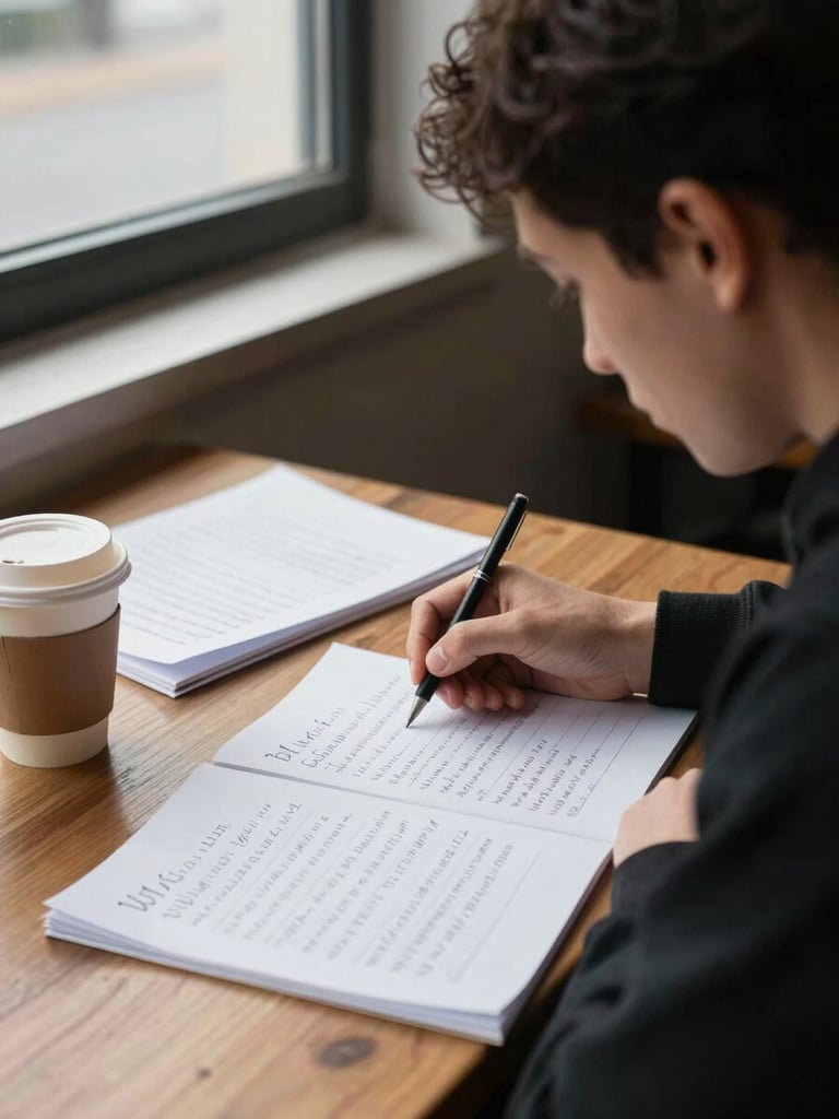 Close environmental portrait: a person seated at a wooden table looking down at handwritten notes, overcast window light falling across their left side, a coffee cup and marked-up papers visible, documentary framing with natural shadow
