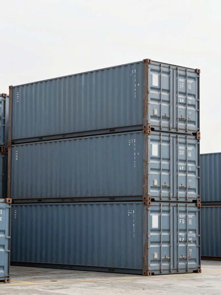 Precise medium shot of clean shipping containers stacked in a modern harbor, desaturated slate and steel blue tones, bright overcast daylight.