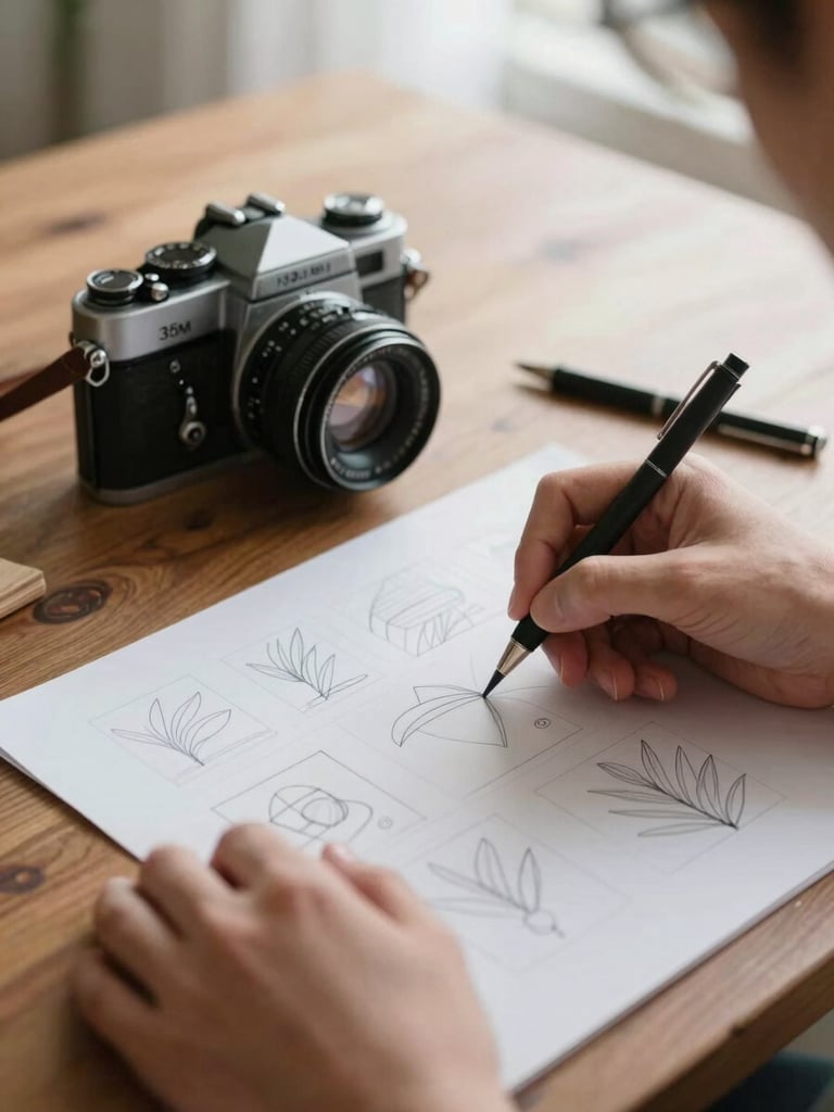 Hands sketching storyboards on parchment paper next to a vintage camera on a wooden table, soft overcast daylight, warm interior glow, 35mm