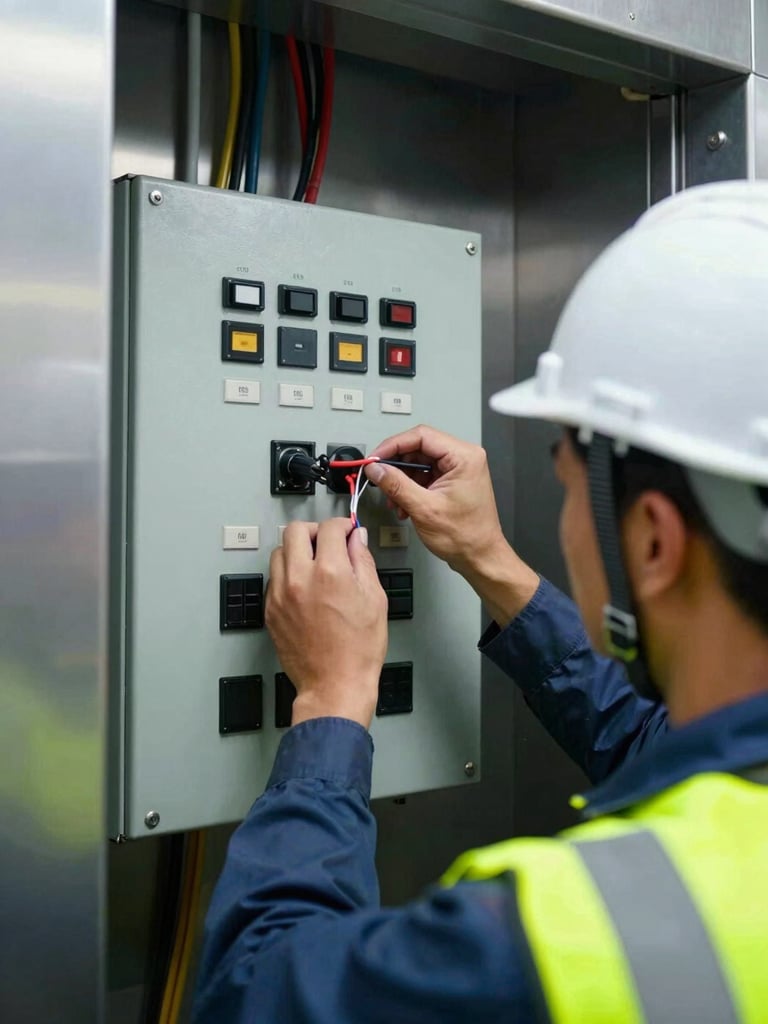 A close-up of a registered electrical engineer in a hardhat wiring an elevator control panel, high-contrast workshop daylight, cool steel tones, 35mm industrial documentary style