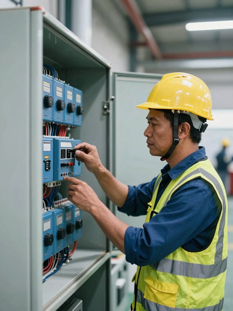 An experienced Filipino electrical engineer in a hardhat examining blue control panel wiring in a brightly lit workshop, industrial documentary style, 35mm