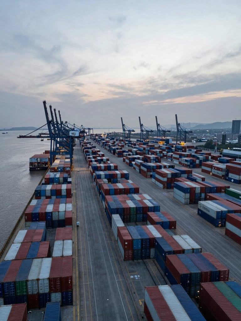Wide panoramic aerial shot of Shanghai Yangshan deep-water port at dusk, hundreds of shipping containers stacked in precise rows extending to the horizon, cool blue-grey natural light, port cranes silhouetted against a pale overcast sky, shot from high altitude with the container yard filling the right two-thirds of the frame and open water visible at the left edge