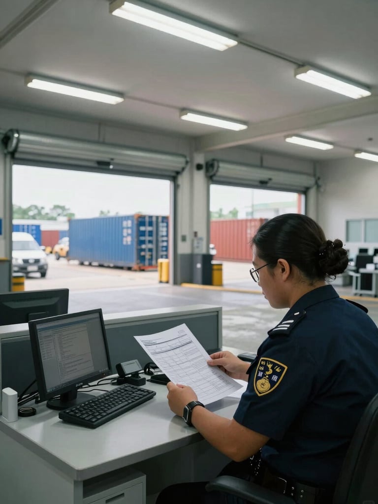 Wide shot of a customs checkpoint interior with shipping containers visible through large bay doors, a customs officer reviewing printed tariff documentation at a standing desk, cool overhead fluorescent light mixed with natural daylight from the bay, documentary framing