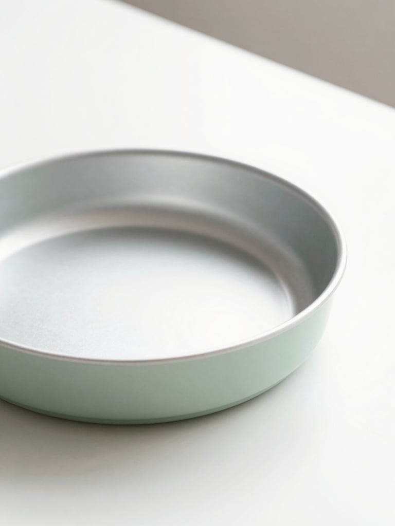 Close up of sleek matte-finished recycled aluminum pan on a clean white countertop, natural side lighting, crisp shadows