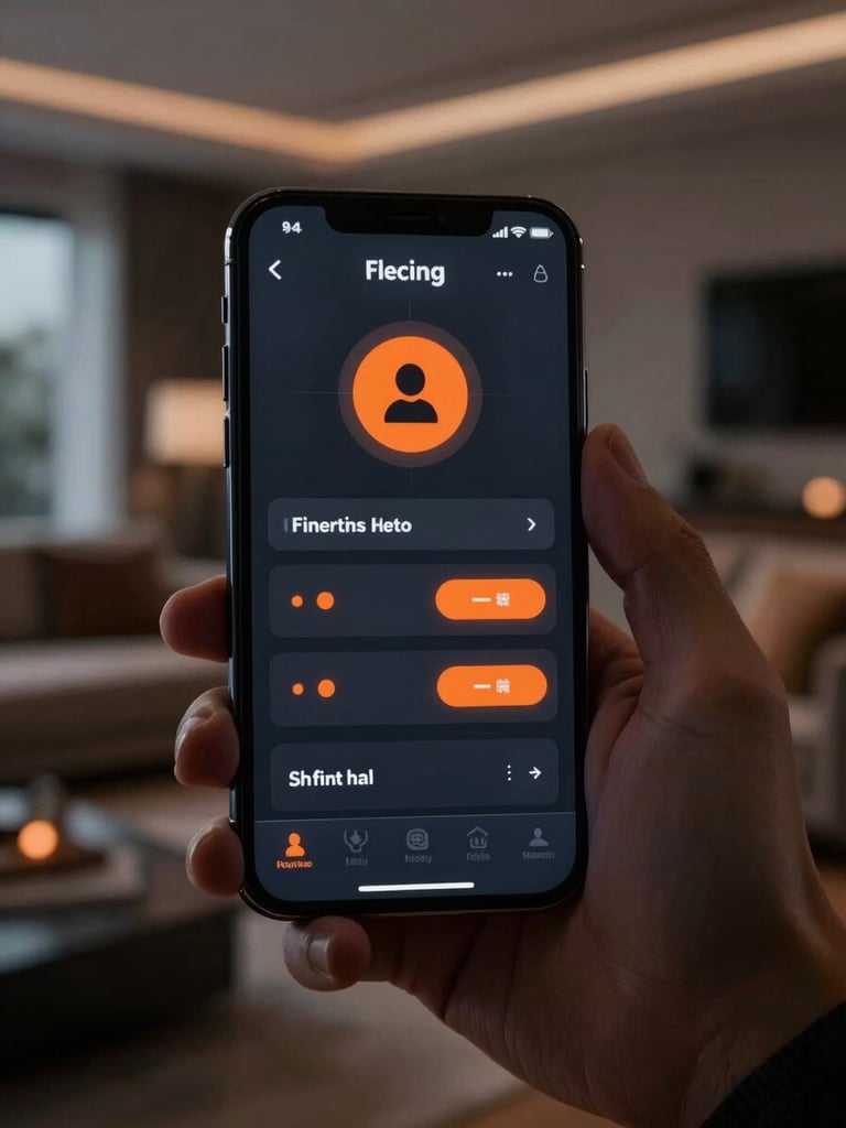 Close-up of a hand holding a smartphone displaying a sleek dark security app interface with orange status indicators, modern residential living room blurred in the background, sharp focus, cinematic lighting