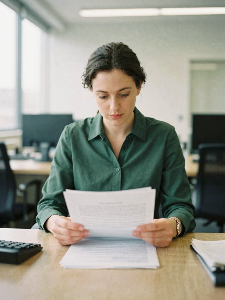 An unposed environmental portrait of a female solicitor in a modern office, reviewing documents with a calm expression, soft British daylight, 35mm film grain.