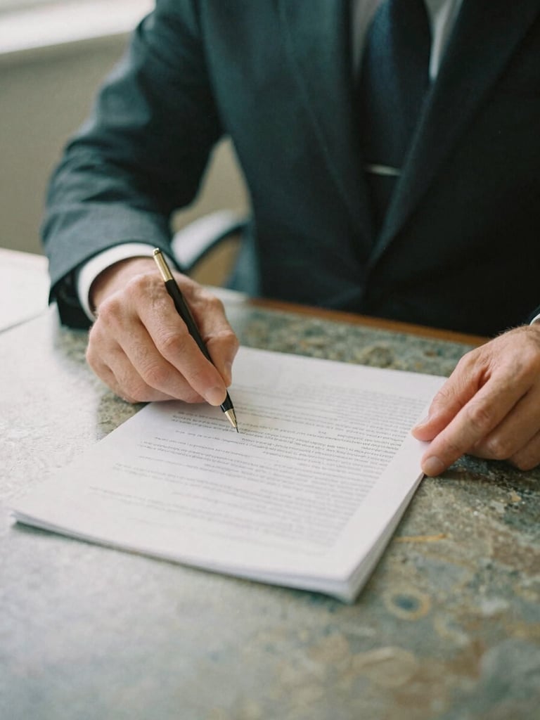 Close-up of a solicitor's hands reviewing physical legal documents on a polished desk, soft overcast British daylight, muted forest green and stone tones, 35mm film grain