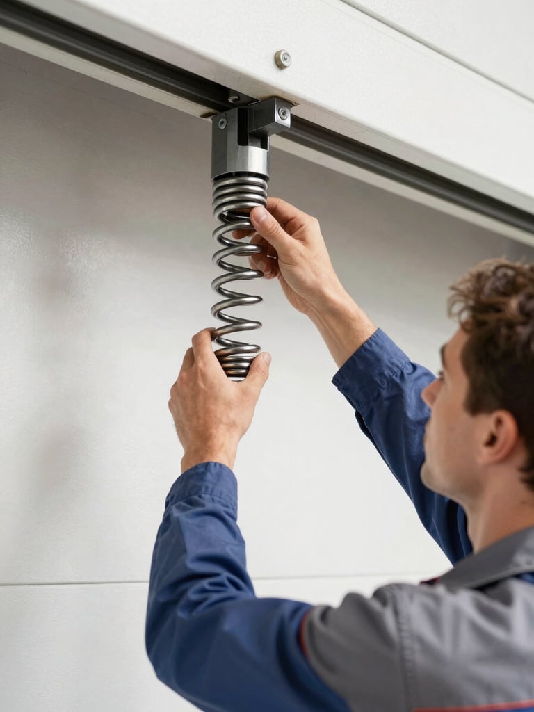 Close-up of a professional technician in a clean uniform adjusting a heavy-duty steel torsion spring on a garage door, bright natural daylight, crisp industrial tones.