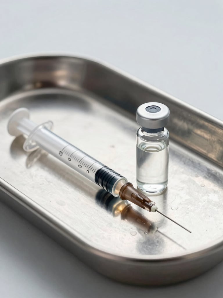 Macro photograph of a sterile medical syringe and a glass vial on a clean steel tray, bright clinical lighting, neutral gray background, objective medical journal style.