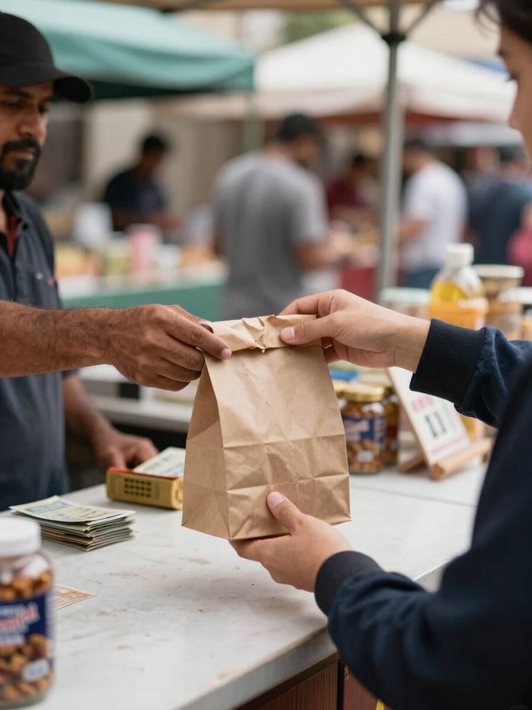 Close-up of a vendor handing a paper bag to a customer across a market stall counter, cash and products visible on the table, natural daylight, busy market background with other stalls blurred