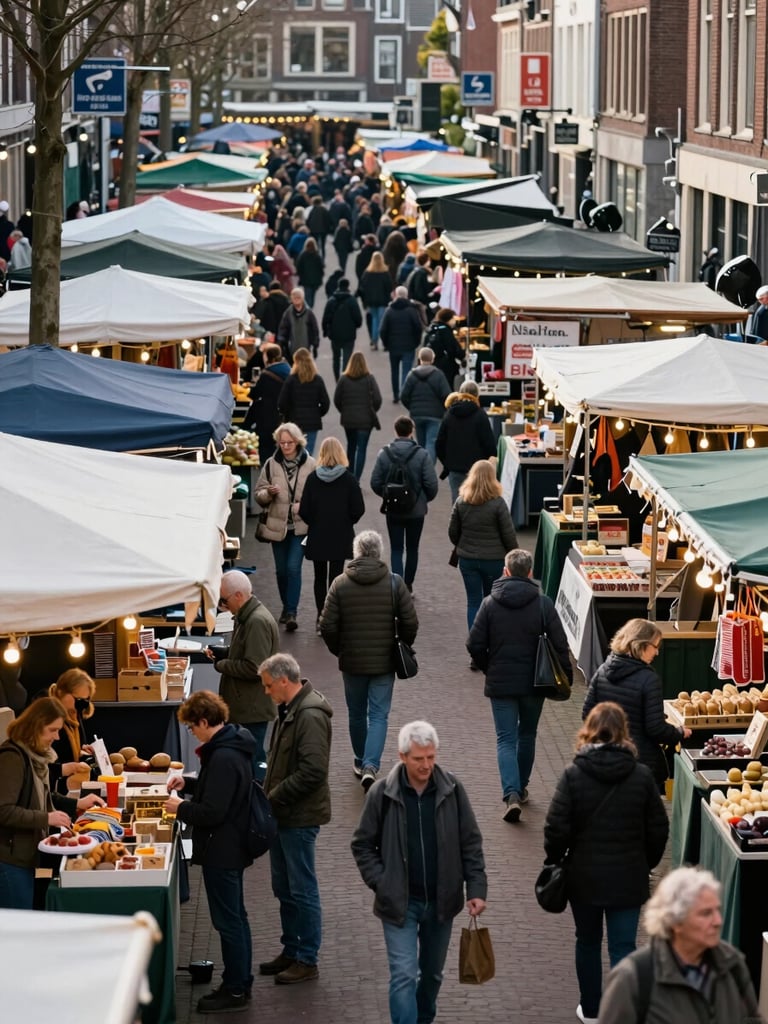 Wide environmental shot of a busy Dutch market street, vendor stalls lining both sides, pedestrians browsing mid-transaction, dense signage visible, natural daylight, slightly elevated angle showing crowd depth and booth density