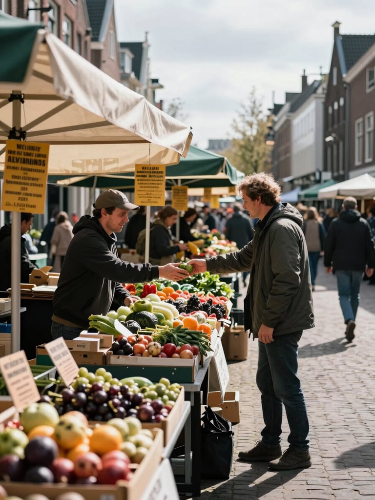 Wide environmental shot of a busy Dutch street market, a vendor mid-transaction handing produce to a customer across a stall counter, adjacent booths dense with signage, daylight casting sharp shadows on cobblestones