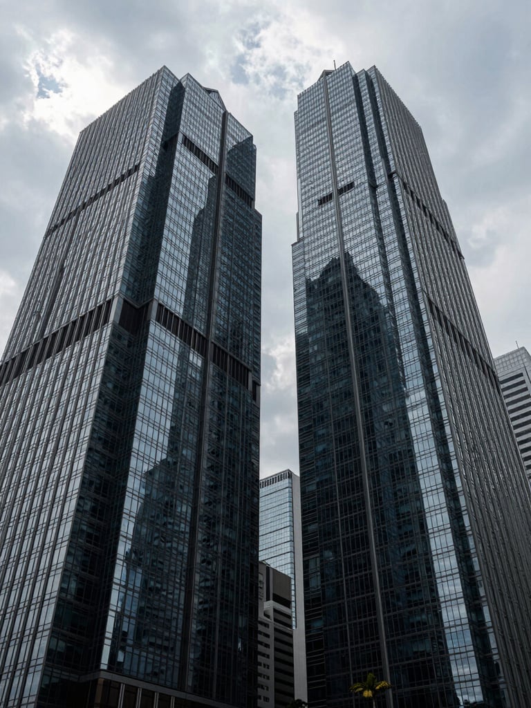 Low-angle architectural photograph of Jakarta's Sudirman Central Business District skyscrapers, sharp geometric glass facades, dramatic overcast daylight, deep shadows.