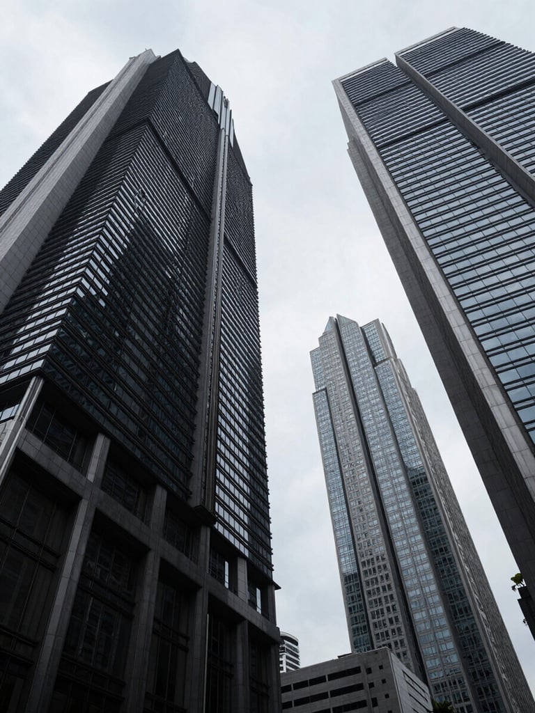 Low-angle architectural shot of Jakarta's financial district skyscrapers intersecting against an overcast sky, high contrast, stark geometry.