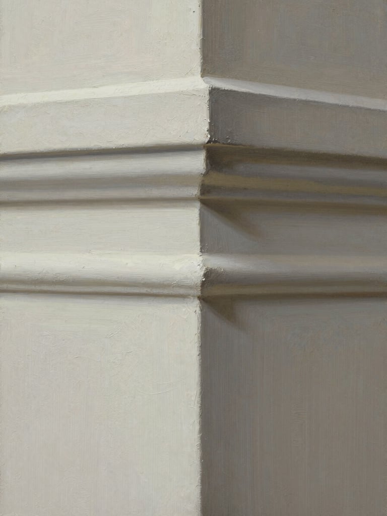 Macro close-up of a structural painting detailing thick plaster ridges and deep pigment density, natural diffused daylight, neutral background, architectural focus.
