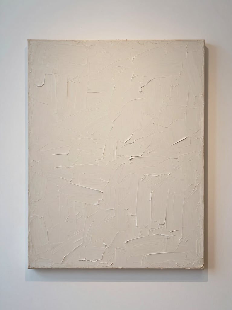 Frontal flat-on crop of a large-scale textured canvas with thick impasto paint strokes, neutral gallery background, soft natural side-light, medium format film
