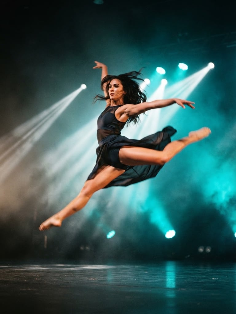 Dynamic action shot of a dancer mid-leap, body suspended in air, dramatic stage spotlights slicing through haze, neon cyan backlighting, sharp motion blur, 35mm lens.