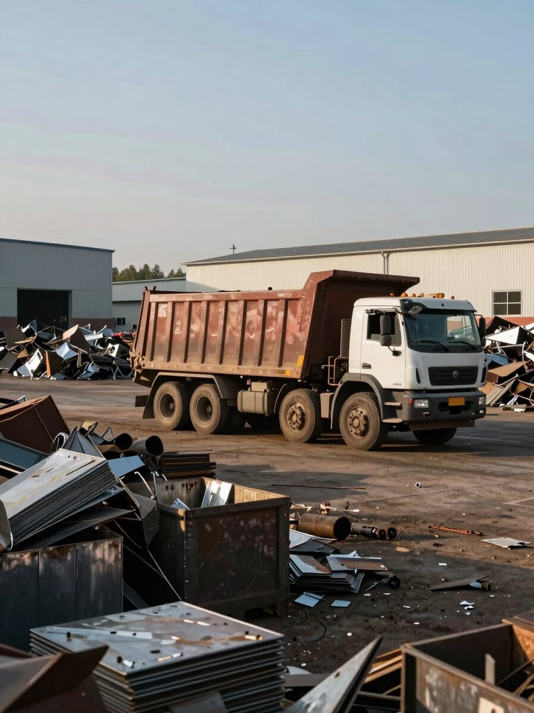 Wide ground-level shot of a working scrapyard under flat afternoon daylight, a dump truck mid-unload on the right side of frame, sorted metal bins in the foreground, facility buildings visible in the background, no people in focus, industrial scale evident