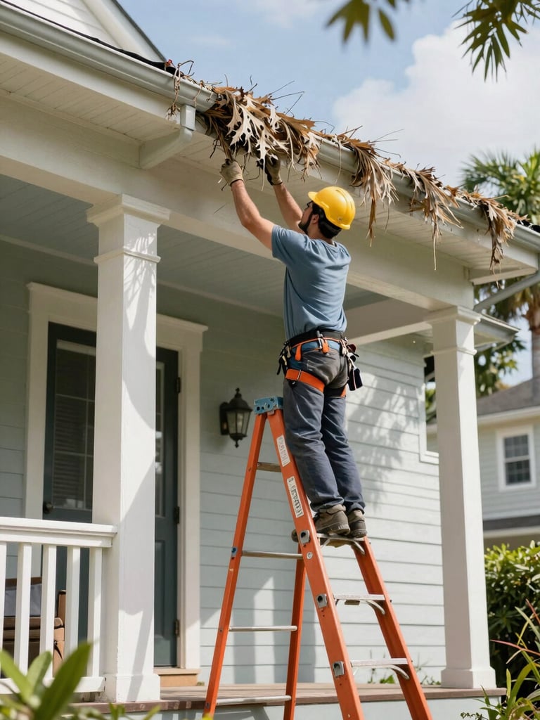 A technician safely working on an orange ladder, clearing oak tassels from a gutter on a historic Lakeland bungalow, bright Florida sun.
