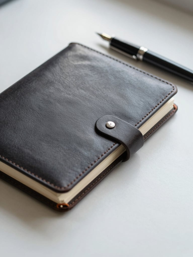 Close-up of a closed leather notebook and a fountain pen resting on a clean desk surface, shot under even north-facing daylight, no people, precise and orderly composition