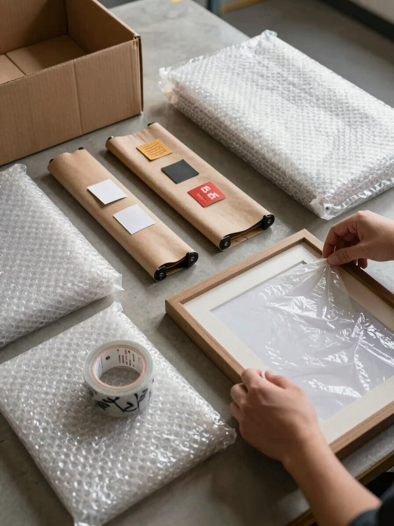 Close-up overhead shot of a packing sequence laid out on a warehouse floor under north-facing natural light — bubble wrap, kraft paper, corner protectors, and branded tape arranged in deliberate order beside an open cardboard box, hands mid-motion folding a protective layer around a framed object
