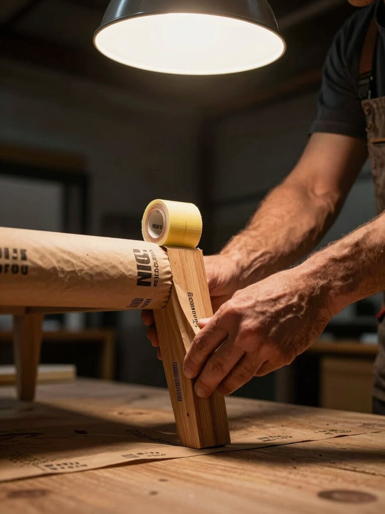 Close-up portrait-orientation shot of a worker's hands wrapping a furniture leg in branded kraft paper and securing it with tape, warm tungsten light from a warehouse lamp, wood grain and wrapping material texture in sharp focus, dark background