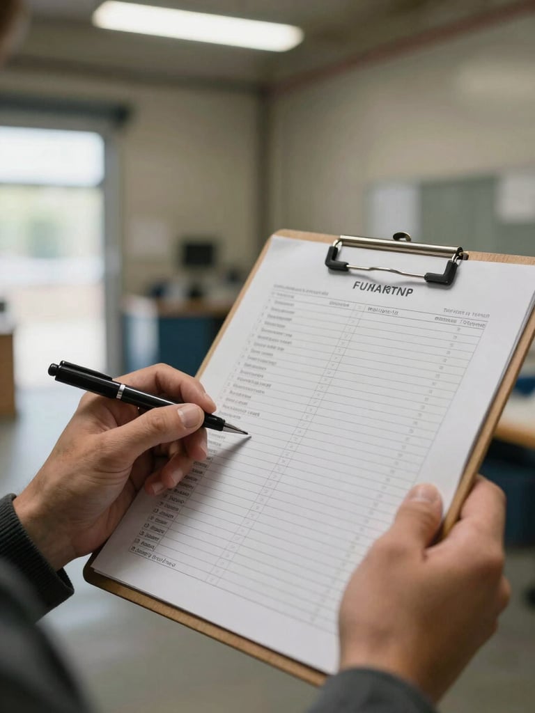 Close-up of a crew member's hands holding a printed inventory checklist, pen marking off a line item, a cleared room visible out of focus behind, tungsten warehouse-style light supplemented by daylight from a doorway, documentary framing with no styled props