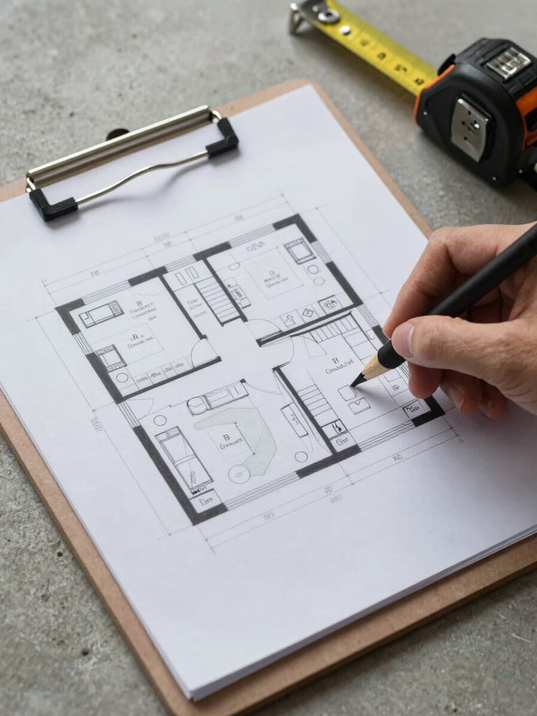 Close-up overhead view of a clipboard holding a hand-annotated floor plan sketch with room labels and access notes, resting on a concrete floor beside a measuring tape, natural overcast daylight from a nearby window casting soft diffuse light across the document, no people visible
