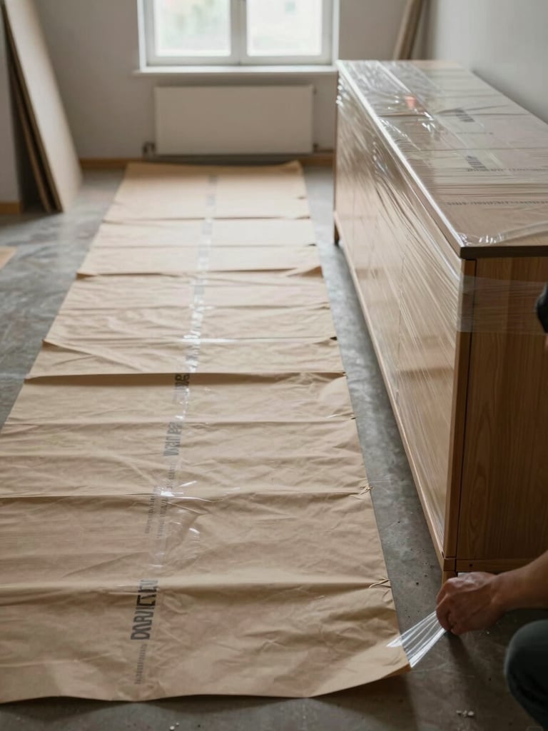 Wide environmental shot of a room being systematically cleared, kraft paper and branded stretch wrap laid out in sequence on the floor, a crew member's hands visible at the lower frame edge securing a wrapped corner of a wooden sideboard, north-facing window light, no styled moments