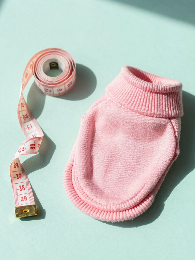 A colorful flat-lay of a tailor tape measure next to a hand-stitched pink pet sweater on a clean pastel mint background, bright natural light