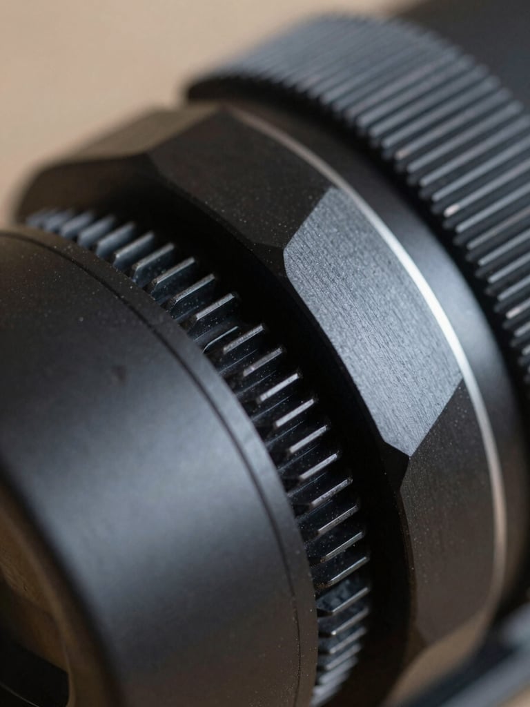 Extreme close-up of an optical-grade black anodized aluminum component with pristine threads and precision-milled facets