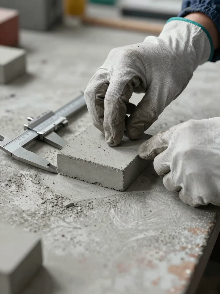 Close-up of an engineer's gloved hands testing a concrete core sample on a site workbench, clinical daylight from the left, rough grey concrete texture filling the frame, measuring calipers resting beside the sample