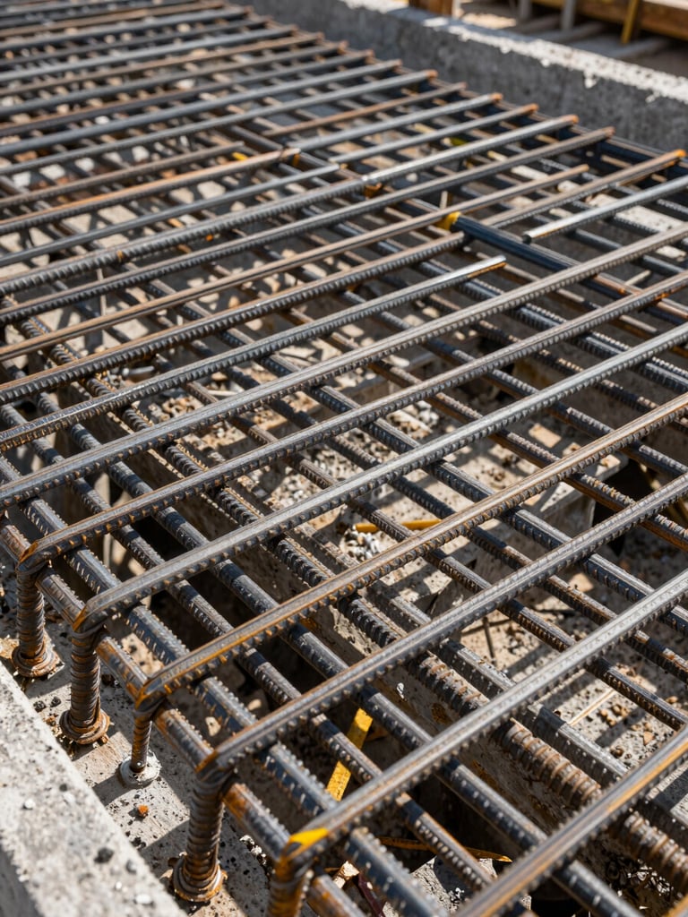 Close-up overhead framing of dense reinforcement steel rebar grid laid flat on a construction site, shot in sharp daylight, geometric lattice of steel bars intersecting at precise angles, concrete formwork visible at the edges, no people, no text