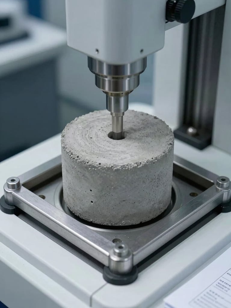 Close-up overhead view of a concrete core sample being tested in a laboratory compression machine, cylindrical grey concrete specimen under steel testing jaws, clinical white lab lighting, technical documentation papers partially visible at the frame edge