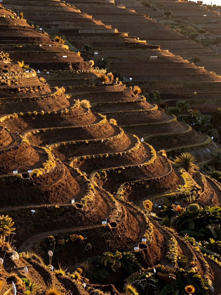 Wide environmental shot of a terraced Madeiran hillside slope at mid-altitude, small species identification stakes visible in freshly turned dark soil, golden hour sidelighting raking across the terrain profile, no people visible