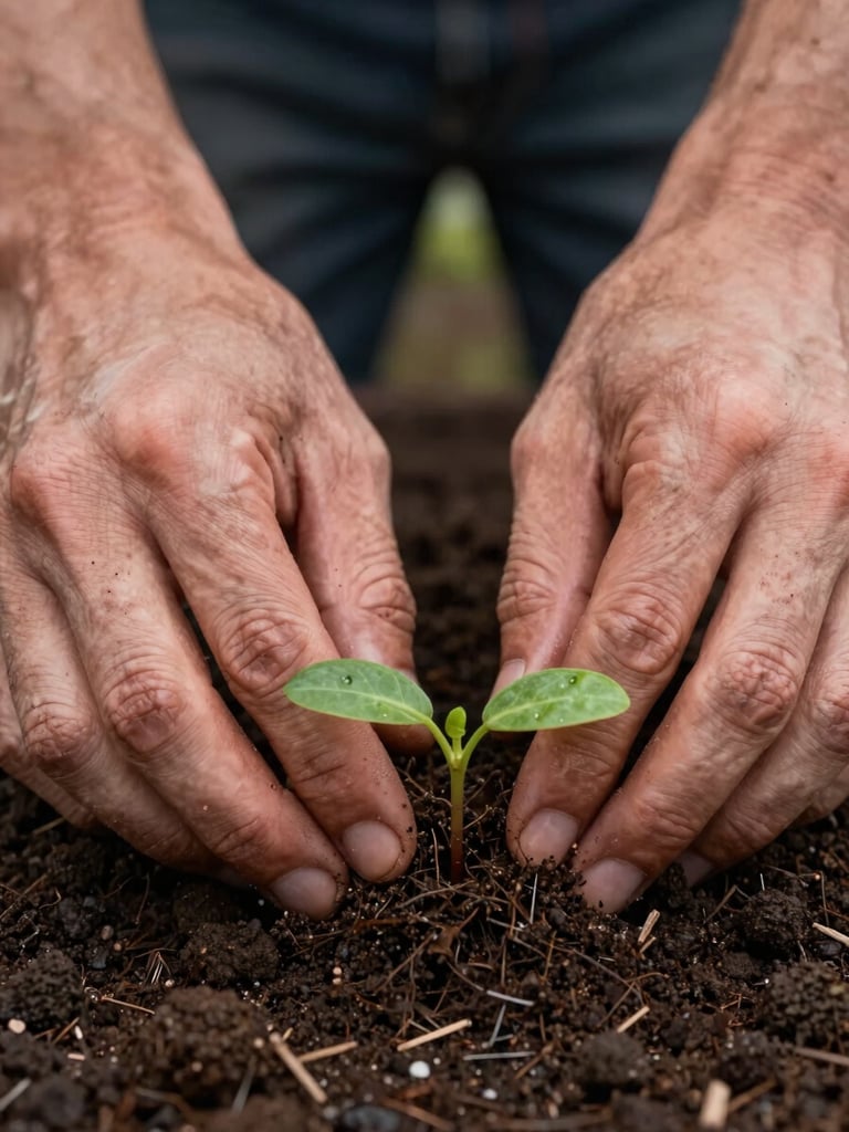 Extreme close-up of weathered hands pressing a small seedling into dark volcanic Madeiran soil, fingers visible mid-action, natural overcast daylight, shallow depth of field with moist earth texture filling the frame edge to edge