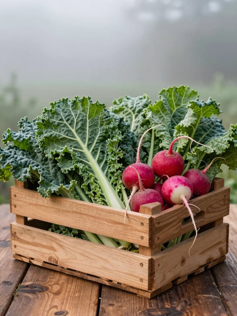 A wooden crate filled with freshly cut heirloom kale and radishes sitting on a rustic wooden table, soft morning mist visible in the background.